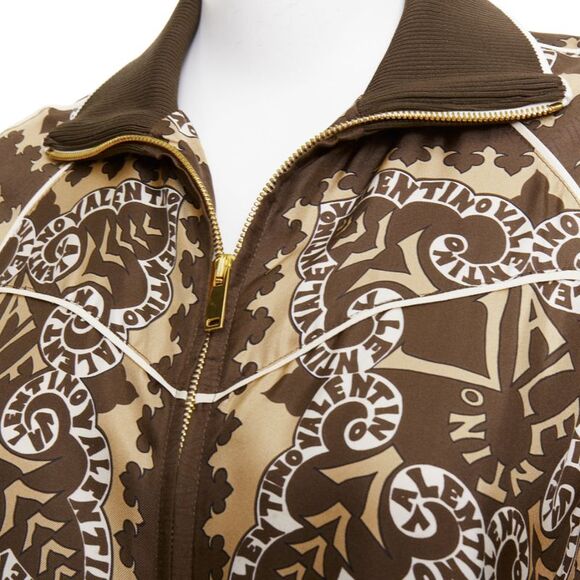 VALENTINO brown hue 100% silk logo scarf print collared track jacket IT38 XS - Picture 2 of 10